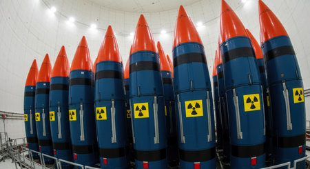 Blue nuclear missiles with orange warheads and yellow radiation symbols lined up in a concrete silo. represents global conflict, military power, and the threat of war.の素材
