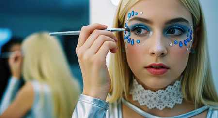 Blonde teenage girl meticulously applies shimmering blue face gems and eyeshadow, creating an elaborate artistic makeup look. focus on beauty and transformation.の素材