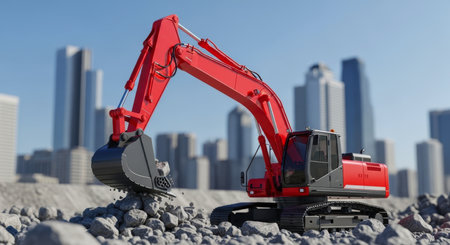Red excavator with its arm extended, digging into a pile of grey rocks on a construction site. modern city skyscrapers are visible in the background.の素材
