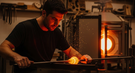 Man glassblower meticulously shaping glowing molten glass on a punty rod in a traditional workshop, sparks flying from the hot material.の素材