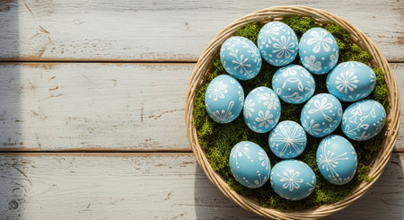 Pastel blue easter eggs with delicate white floral patterns arranged in a wicker basket filled with green moss, set on a bright wooden table.の素材