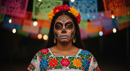 Woman with intricate sugar skull face paint, adorned with a floral crown and traditional embroidered mexican blouse, celebrating day of the dead.の素材