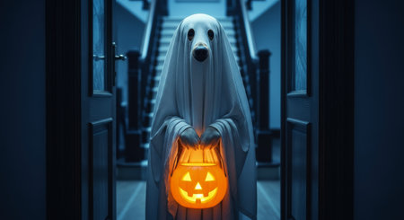 Dog in white sheet ghost costume standing in a dark hallway, holding a glowing jack o lantern. halloween, spooky, and autumn celebration concept.の素材