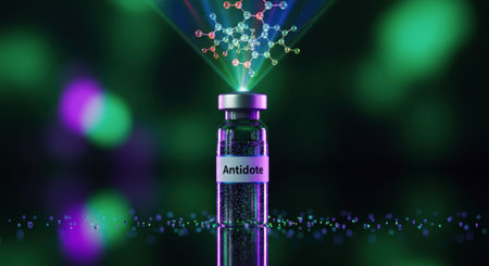 Glass vial labeled antidote with shimmering liquid, illuminated by a light beam projecting a complex molecular structure, symbolizing scientific discovery and medical solutions.の素材
