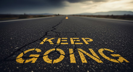Yellow KEEP GOING text on a cracked asphalt road, stretching into the distance under a dramatic cloudy sky, symbolizing perseverance and future challenges.の素材