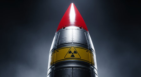 Highly detailed nuclear missile with a red warhead and a prominent yellow radiation symbol, representing global conflict and danger.の素材