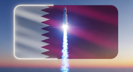 Futuristic rocket launching with a bright exhaust trail, set against a waving qatar flag within a glowing neon frame under a vibrant sunset sky, symbolizing progress and ambition.の素材