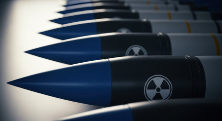 Multiple dark grey missiles with sharp blue conical tips and nuclear radiation symbols lined up, symbolizing military power, war, and global conflict.の素材
