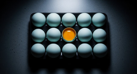 Black egg tray with pale blue eggs, one cracked open to reveal a bright yellow yolk, illuminated by a focused light.の素材
