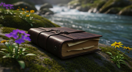 Vintage leather bound book with aged pages resting on a moss covered rock beside a flowing river, surrounded by vibrant wildflowers.の素材