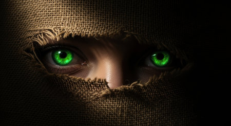 Close up of glowing emerald green eyes staring intensely through a jagged tear in rough, dark burlap fabric, conveying mystery and concealment.の素材