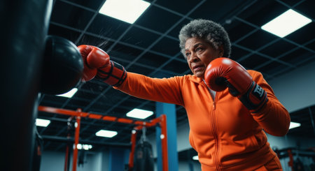 Senior african american woman in an orange tracksuit and red boxing gloves powerfully hitting a punching bag in a modern gym, demonstrating strength and determination.の素材