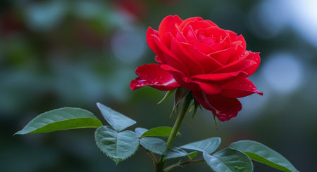Vibrant red rose in full bloom with glistening dew drops on its petals and lush green leaves. symbol of love, passion, and natural beauty.の素材