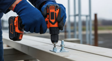 Worker hands in blue protective gloves operating an orange and black cordless power drill, fastening a bolt into a wooden beam. focus on construction, DIY, and craftsmanship.の素材