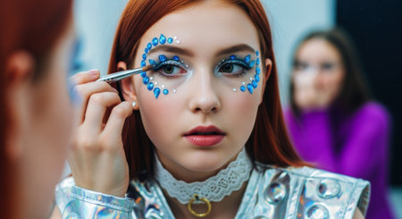 Teenage girl meticulously applies shimmering blue face gems around her eye, creating a unique and artistic makeup look while looking into a mirror.の素材