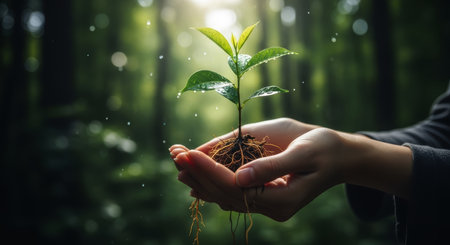 Vibrant green sapling with water droplets on leaves and visible roots, cradled by hands in a natural, sunlit forest environment.の素材
