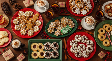 Assortment of festive christmas cookies including gingerbread men, snowflakes, and various iced treats, served with hot chocolate and mulled wine on a rustic wooden table with holiday decorations.の素材