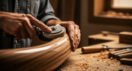 Craftsman hands meticulously polishing a curved, glossy wooden surface with a buffing tool, surrounded by wood shavings in a workshop.の素材
