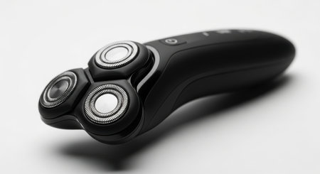 Modern matte black electric razor featuring three rotary shaving heads, designed for a smooth and close shave, isolated on a clean white background.の素材