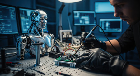 Engineer in gloves meticulously solders a complex circuit board for a humanoid robot in a modern robotics laboratory, surrounded by advanced technology and computer screens.の素材