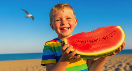 Young boy smiling and holding a big piece of watermelon on a sandy beach under a clear blue sky.の素材