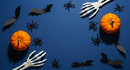 Halloween flat lay frame featuring orange pumpkins, black spiders, paper bats, and white skeleton hands arranged on a dark blue background with copy space.の素材