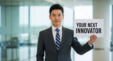 East asian businessman in a suit holding a sign that reads your next innovator in a bright, modern office environment, symbolizing future talent and innovation.の素材