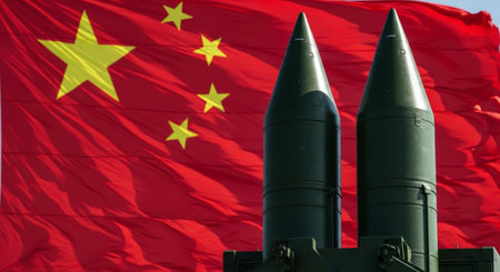 Two dark green military missiles stand prominently against a large, waving chinese flag, representing national defense, power, and geopolitical strength.の素材
