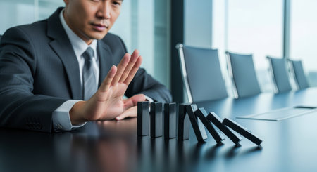 Asian businessman in a suit using his hand to halt a line of falling dominoes on a conference table, representing crisis prevention and strategic control.の素材