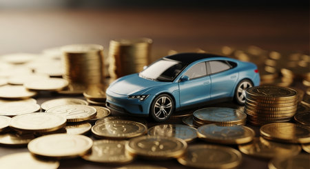 Miniature blue electric car model resting on a large pile of golden coins, illustrating concepts of car finance, investment, and vehicle cost.の素材