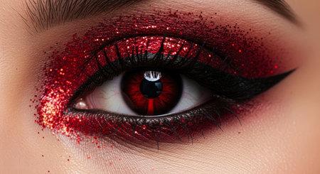 Close up of a woman eye featuring vibrant red glitter eyeshadow, sharp winged eyeliner, and a striking red iris, creating a bold and artistic makeup look.の素材