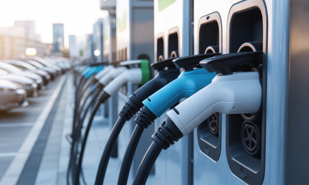 Electric vehicle charging connectors and cables plugged into a modern charging station, with a line of electric cars in the background, symbolizing sustainable transportation and green energy.の素材