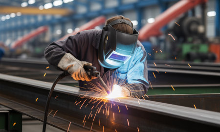 Professional welder in protective gear actively joining metal beams with bright sparks flying in a busy industrial factory setting.の素材