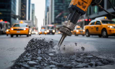 Pneumatic jackhammer intensely breaking apart old asphalt on a city street, creating dust and debris. busy urban traffic with yellow taxis in the background.の素材