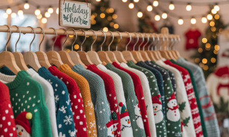 Colorful christmas sweaters for kids with festive designs like snowmen and snowflakes, displayed on a wooden rack in a cheerful holiday market setting.の素材