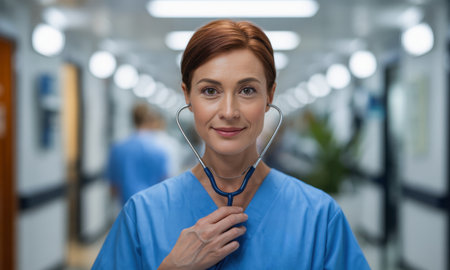 Smiling female doctor in blue scrubs holding a stethoscope, standing confidently in a hospital hallway. dedicated healthcare professional ready to help patients.の素材