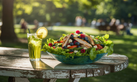 Colorful healthy salad bowl with grilled chicken, mixed berries, and feta cheese, served with a refreshing green drink on a rustic wooden table in a sunny park setting.の素材