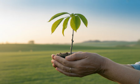 Adult hands carefully hold a small green sapling with soil, symbolizing new life and environmental care against a soft outdoor background.の素材