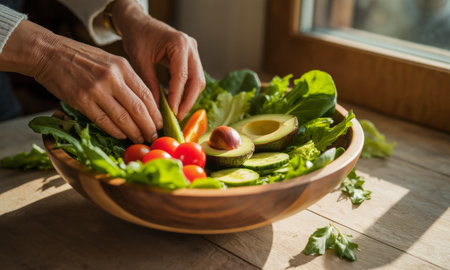 Woman hands carefully placing fresh vegetables into a large wooden bowl, creating a vibrant and healthy salad with lettuce, tomatoes, and avocado.の素材