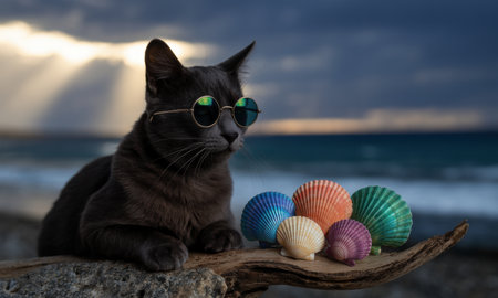 Black cat wearing round sunglasses, sitting on driftwood on a coastal beach with colorful scallop seashells. ocean and cloudy sky in background, evoking summer vacation.の素材