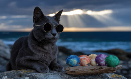 Grey cat in round sunglasses sits on a rocky coastal beach, with colorful seashells on driftwood and the ocean in the background under a cloudy sky.の素材