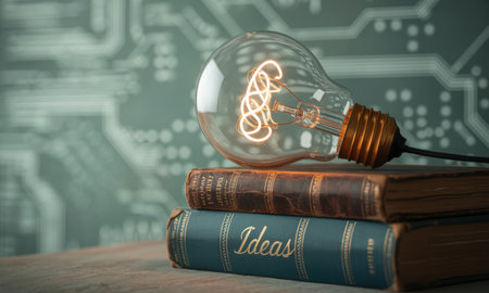 Illuminated lightbulb with a unique swirling filament placed on a stack of old books, one labeled ideas, against a circuit board background, representing creativity, education, and technology.の素材