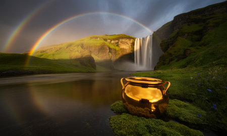 Golden pot on a mossy bank by a river, with a vibrant double rainbow arching over a majestic waterfall and lush green landscape.の素材