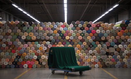 Large industrial warehouse filled with countless rolls of colorful fabric, showcasing a wide array of textiles and materials. a green fabric roll is on a cart in the foreground.の素材