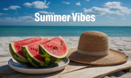 Freshly sliced watermelon on a plate and a straw hat on a wooden surface, set against a sandy beach with a clear blue ocean and sky.の素材