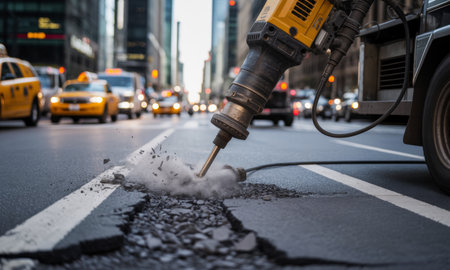 Pneumatic jackhammer intensely breaking apart old asphalt on a city street, creating dust and debris. urban traffic and buildings are visible in the blurred background, highlighting ongoing road work and infrastructure development.の素材
