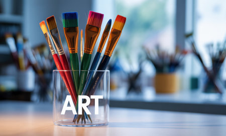 Various colorful paintbrushes with vibrant bristles standing upright in a clear glass container with ART text, in a blurred studio background.の素材