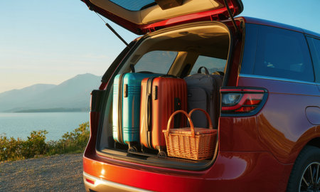 Red SUV trunk filled with blue, orange, and grey suitcases, plus a wicker picnic basket, parked by a scenic lake with mountains. ready for a road trip or vacation.の素材