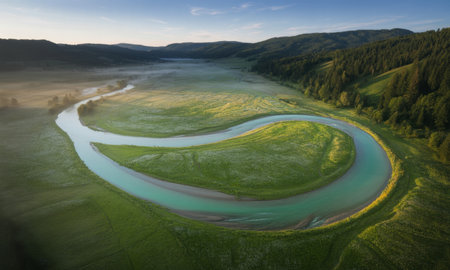 Winding river meander flowing through a lush green valley, surrounded by forested hills and morning mist. golden hour light illuminates the vibrant landscape.の素材