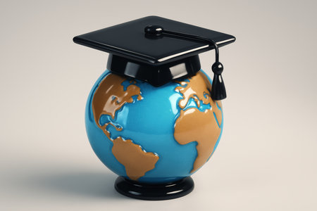 Stylized earth globe wearing a black graduation cap with a tassel, symbolizing global education, academic achievement, and international learning.の素材